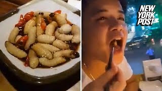 Man eats live maggots known as coconut worms  New York Post [upl. by Okiam]