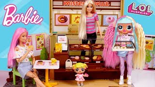 Barbie LOL Family Donut Shop Breakfast Routine with Baby Goldie amp Twins [upl. by Artenehs922]