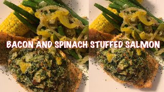 HOW TO MAKE THE BEST STUFFED SALMON WITH SPINACH AND BACON  GREEN BEANS  MUKBANG [upl. by Centonze]