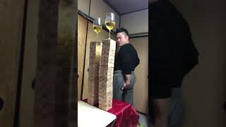 【Jenga wineglass tablecloth pull without hands】 [upl. by Ainek]