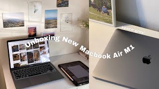 Unboxing New Macbook Air M1 in 2024 space grey  quick set up accessories ✨ [upl. by Zondra]