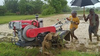 Taking it to nearest field  Day1 puddling experience with my power tiller  Rainy rice farming [upl. by Aihcrop]