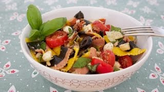 Ricetta Insalata di pasta con tonno mozzarella pomodori carciofi olive pinoli e basilico [upl. by Yelrebmik873]