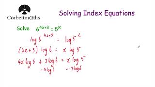 Solving Index Equations using Logs  Part 1  Corbettmaths [upl. by Ladiv769]