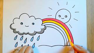 HOW TO DRAW Weather  Rainy Cloud Rainbow and Sun  Colored with markers [upl. by Notnel844]