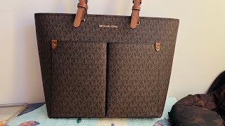 Unboxing Michael Kors Jet Set Travel Medium Double Pocket Tote Signature Brown [upl. by Alejoa]