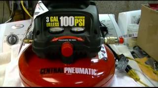 Harbor Freight  Central Pneumatic 3 Gallon Oilless Pancake Style Air Compressor Review [upl. by Teahan]