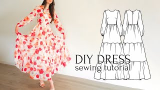 DIY Maxi Chiffon Dress with Tiered Ruffle Skirt  Sewing Pattern [upl. by Gnoc]