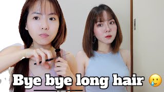 😂កាត់សក់ខ្លួនឯងម្តងមេីល Bye Bye long hair [upl. by Erlin]