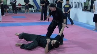 Knife Fighting Takedown Techniques  Knee Cut Lock Self Defense [upl. by Nosnhoj775]