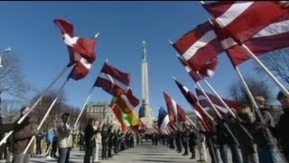 Latvia Waffen SS veterans commemorative march in Riga [upl. by Nurse952]