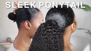 EASY Sleek Ponytail Tutorial On Natural Hair Using A Drawstring Ponytail  Junoda [upl. by Neimad]