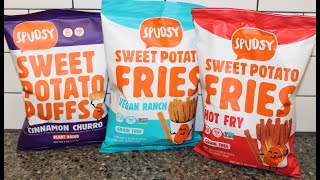 Spudsy Cinnamon Churro Sweet Potato Puffs Vegan Ranch and Hot Fry Sweet Potato Fries Review [upl. by Ateerys]