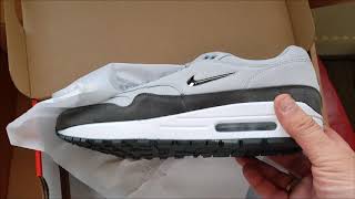 Unboxing Unpacking NIKE AIR MAX 1 PREMIUM JEWEL SC WOLF GREY MTLC PEWTER code 918354 004 [upl. by Martie]