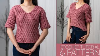 How to Crochet Almond Stitch T Shirt  Pattern amp Tutorial DIY [upl. by Nedia454]