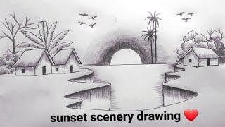 Sunset scenery drawing☺️❤️❤️ village drawing easy Gramer drisso drawing Mamundrawingschool [upl. by Holland]