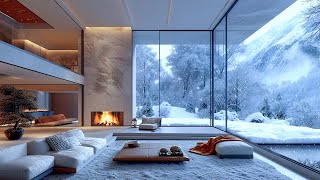 Relaxing Winter Jazz  Smooth Jazz at Cozy Living Room Ambience with Snowfall and Fireplace [upl. by Roper]