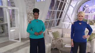 Susan Graver Rayon Nylon Cold Shoulder Mock Neck Sweater on QVC [upl. by Eachern51]