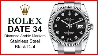 ▶ Rolex Oyster Perpetual Date 34 REVIEW Black Diamond Dial White Gold Arabic Hands 115234 [upl. by Nibla526]