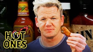 Gordon Ramsay Savagely Critiques Spicy Wings  Hot Ones [upl. by Akcirahs]