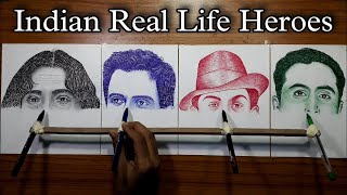 Drawing four different faces at a same time with pen  Indian Artist By nurulart [upl. by Nyladnarb173]