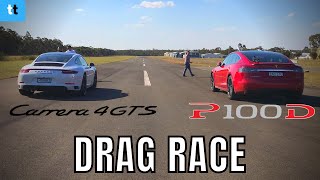 DRAG RACE Tesla Model S P100d vs Porsche 911 Carrera 4 GTS [upl. by Liauqram118]