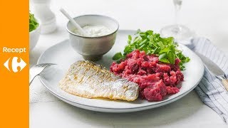 Rode bietenpuree met zeebaarsfilet en mosterddressing [upl. by Aveneg788]