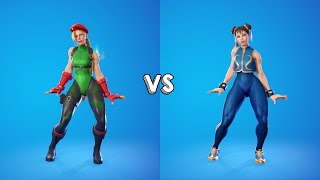 Cammy Skin Vs ChunLi Skin Showcase with Emotes amp Dances Fight  100 Sync   Fortnite [upl. by Aihcila]