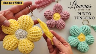 Llaveros Tejidos para VENDER Flor con punto TunecinoTutorial paso a paso [upl. by Paget650]