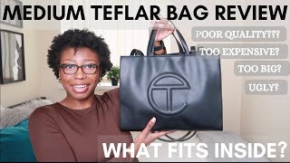 BLACK MEDIUM TELFAR BAG REVIEW  WHAT FITS INSIDE  SHOPPING BAG UNBOXING [upl. by Akyssej769]