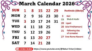 March Calendar 2026 marchcalender2026 [upl. by Blayne]