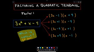 Factoring Trinomials A quadratic Trinomial by Trial and Error [upl. by Idnib893]