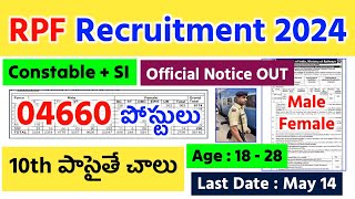 RPF Recruitment 2024 in Telugu  RPF Official Notice OUT  4660 ఉద్యోగాలు  10th పాసైతే చాలు [upl. by Lucchesi]