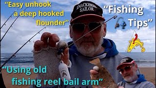 🎣 How to easily unhook a deep hooked flounder using an old fishing reel bail arm 🎣 [upl. by Zamir]