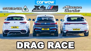 BMW X4M v Porsche Macan Turbo v Alfa Stelvio QV DRAG RACE [upl. by Aihsenot598]