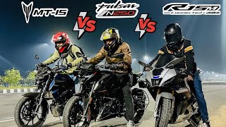 PULSAR N250 VS YAMAHA MT15 VS YAMAHA R15M  DRAG RACE  TOP SPEED TEST [upl. by Olihs771]