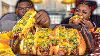 GIANT CHILI CHEESE SAUSAGE DOGS  HASHTAG THE CANNONS  MUKBANG EATING SHOW [upl. by Nyrrad]