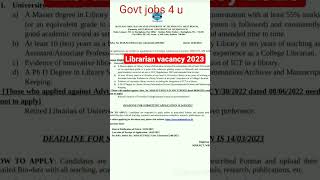 Librarian Govt jobs 2023  Librarian vacancy 2023 youtubeshorts shortsvideo librariangovtjobs2023 [upl. by Heuser]