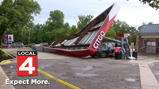 Heavy wind damage causes collapse of gas station awning during storm in Farmington Hills [upl. by Ahseiym898]