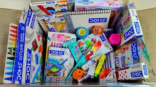 Doms stationery items doms unicorn kit doms colour brush pen pencil sharpener r eraser crayons [upl. by Nattie77]