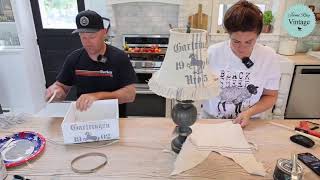 Grain Sack Fabric Lampshade Makeover With Paint and Stencils Waste Not Wednesday [upl. by Lubba]