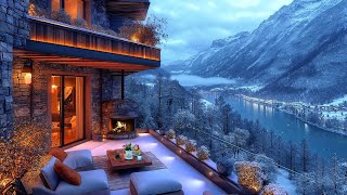 Warm Balcony Winter Space in the Mountains ❄️ Smooth Jazz Music amp Snowy Scene Fireplace for Relax [upl. by Akahs]