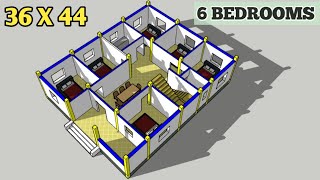 6 Bedrooms house plan with 3d elevation  36x44 house design plan with 6 bedrooms [upl. by Attevaj]