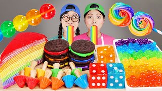 Rainbow Dessert Crepe Cake Popping Boba DONA Mukbang [upl. by Miche]