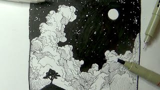 Pen amp Ink Drawing Tutorials  How to draw a night sky landscape with moon stars amp clouds [upl. by Vidovik]