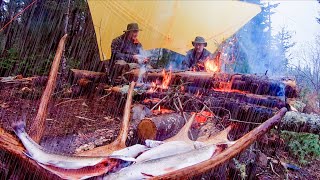 Camping in Heavy Rain Campfire Catch Cook Trout With My Self Reliance and Jim Baird [upl. by Izy705]