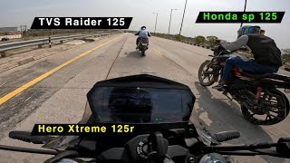 TVS Raider 125 vs Hero Xtreme 125r vs Honda Sp 125 Drag Race  Full Throttle Race 🏍️💨  Rj Biker Jpr [upl. by Revert705]