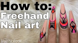 Freehand Nail Art Tutorial  Line Art  Neon Summer Nails  Vee Nailedit [upl. by Richardson372]