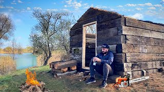 Building of Fishermans hut with sleepers  Bushcraft by the Lake [upl. by Sale]