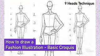 How to draw a Fashion Illustration  Step by step  Basic Croquis in front Pose  9 Heads [upl. by Kurt]